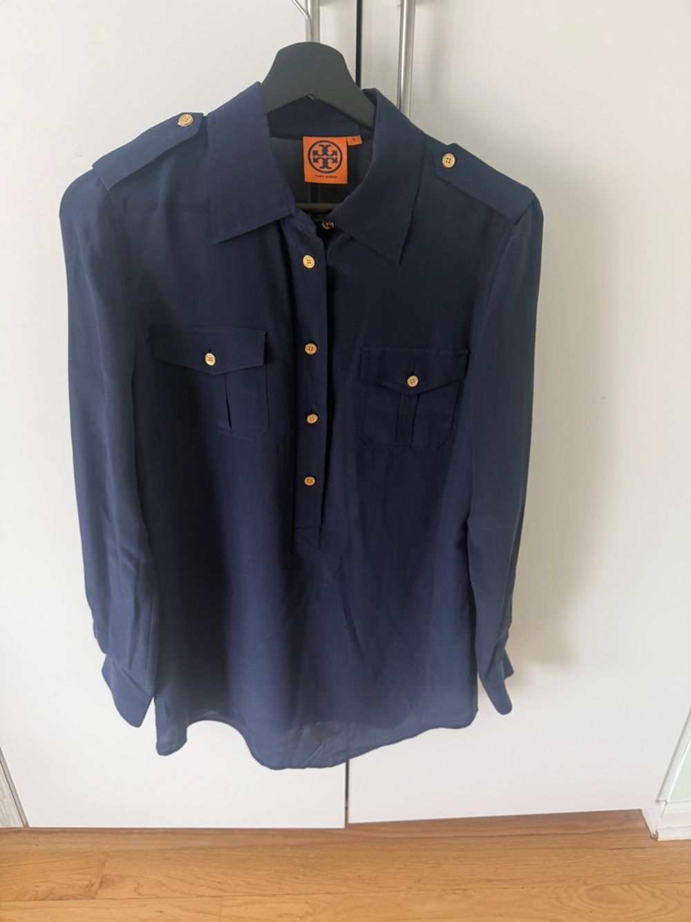 Tory Burch Navy Blouse with Gold Buttons